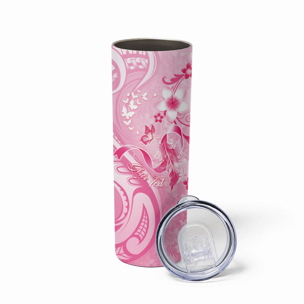 Personalised Memorial Pink Breast Cancer Support Skinny Tumbler Plumeria Floral Tribal Pattern
