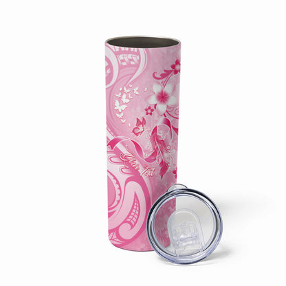 Personalised Memorial Pink Breast Cancer Support Skinny Tumbler Plumeria Floral Tribal Pattern