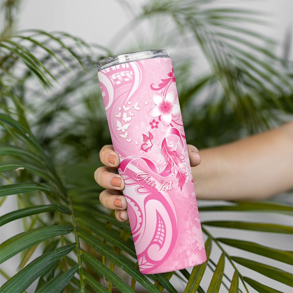 Personalised Memorial Pink Breast Cancer Support Skinny Tumbler Plumeria Floral Tribal Pattern