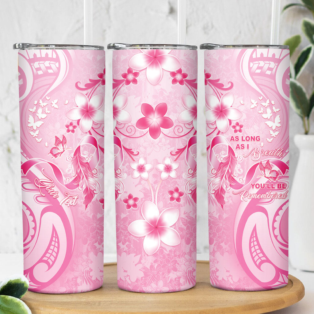 Personalised Memorial Pink Breast Cancer Support Skinny Tumbler Plumeria Floral Tribal Pattern