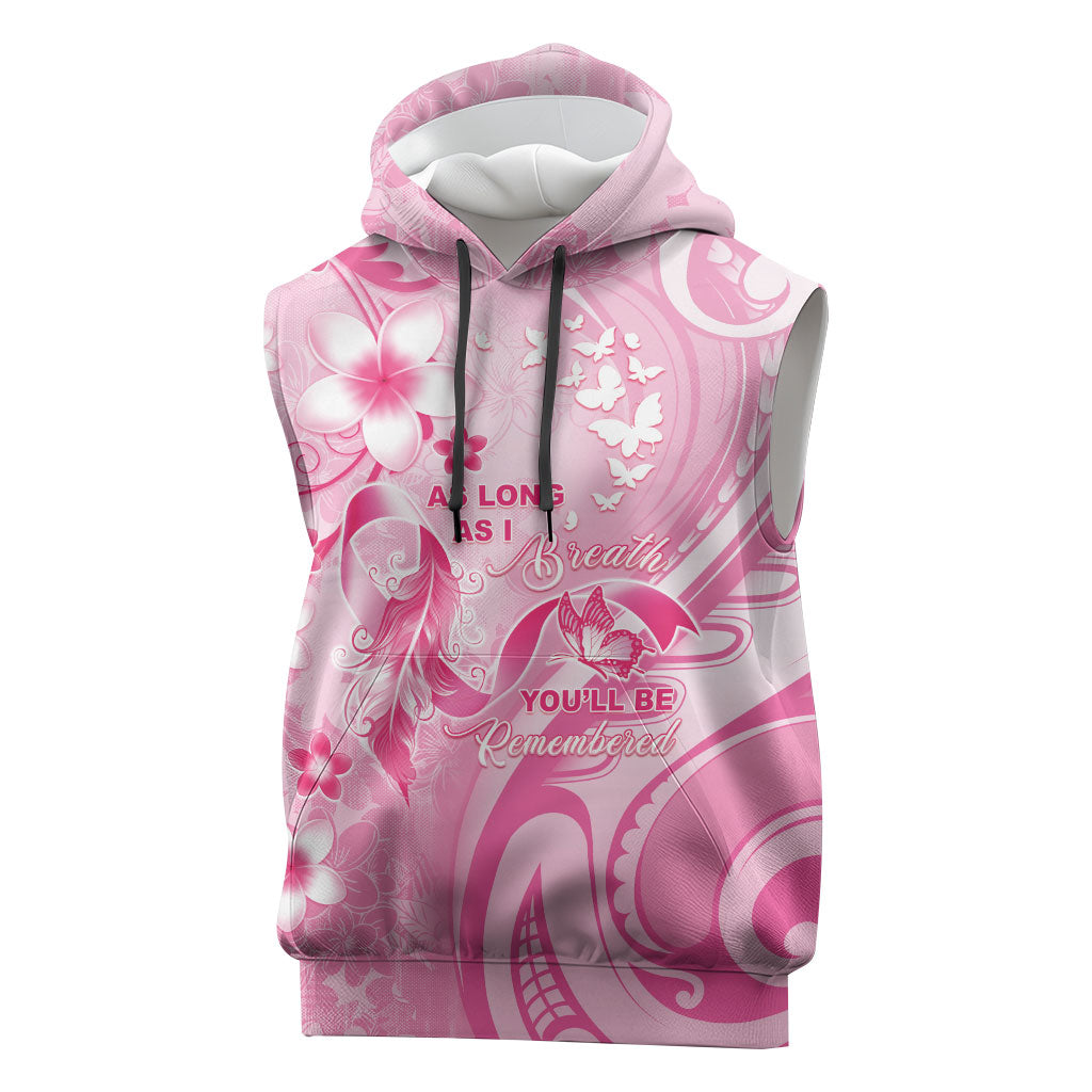 Personalised Memorial Pink Breast Cancer Support Sleeveless Hoodie Plumeria Floral Tribal Pattern