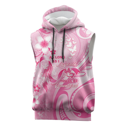 Personalised Memorial Pink Breast Cancer Support Sleeveless Hoodie Plumeria Floral Tribal Pattern