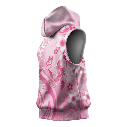 Personalised Memorial Pink Breast Cancer Support Sleeveless Hoodie Plumeria Floral Tribal Pattern