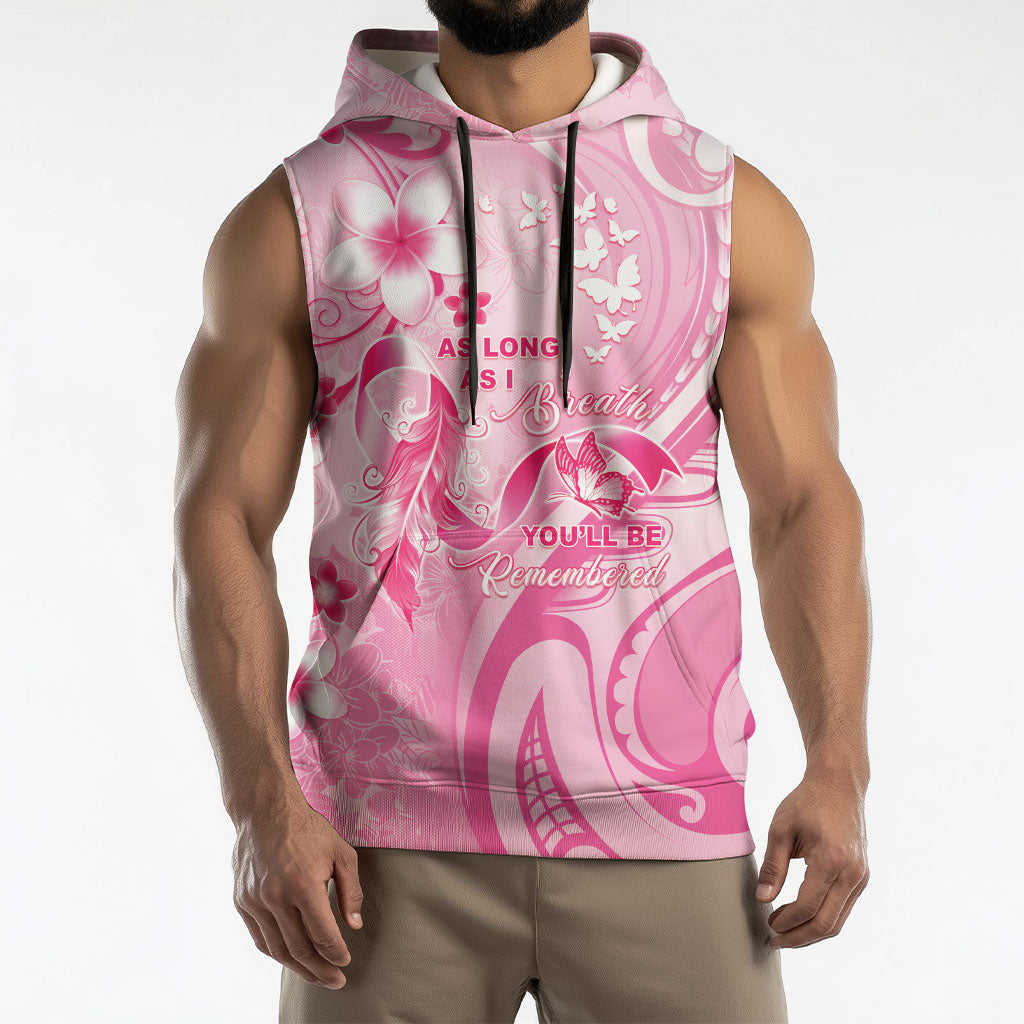 Personalised Memorial Pink Breast Cancer Support Sleeveless Hoodie Plumeria Floral Tribal Pattern
