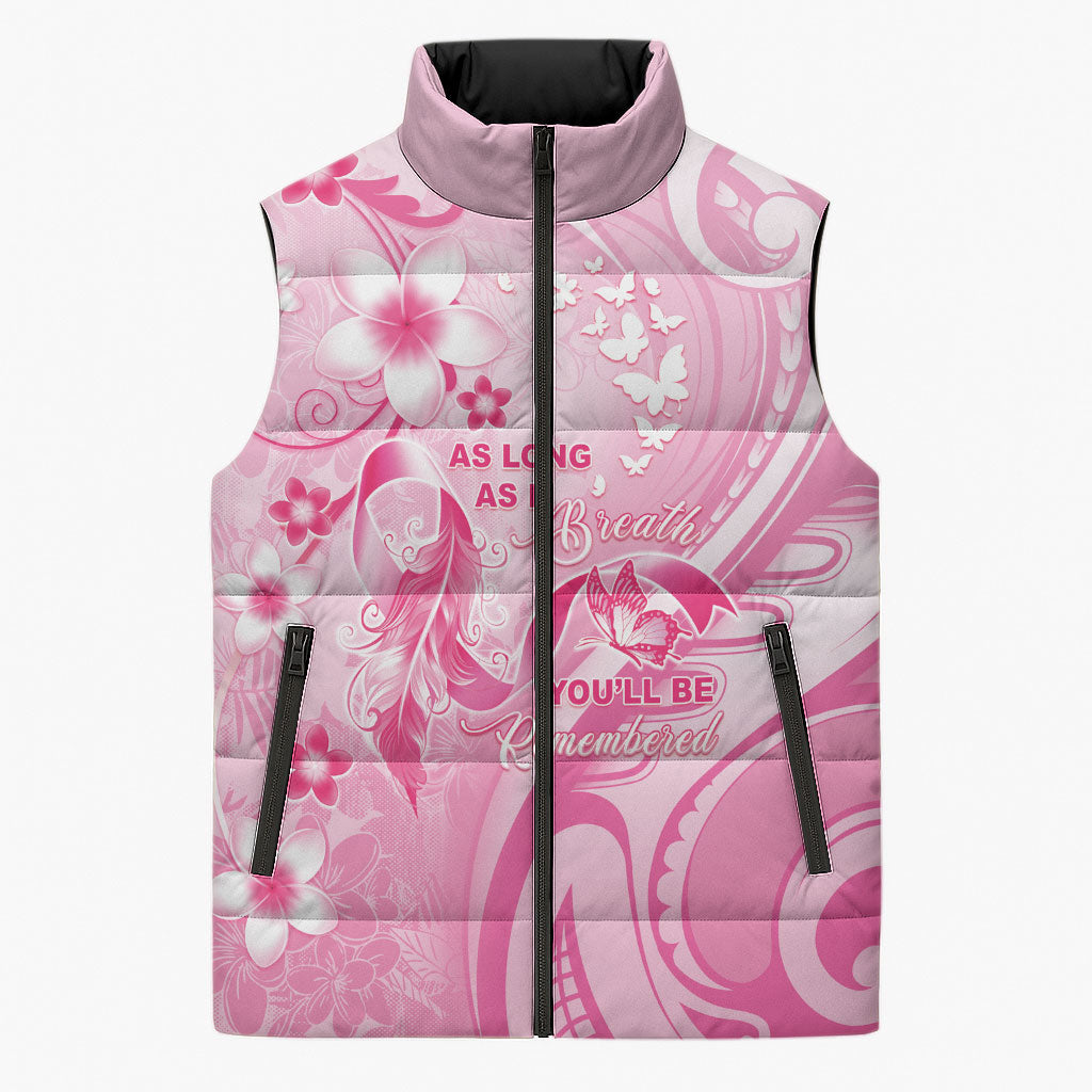 Personalised Memorial Pink Breast Cancer Support Sleeveless Puffer Jacket Plumeria Floral Tribal Pattern