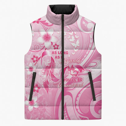 Personalised Memorial Pink Breast Cancer Support Sleeveless Puffer Jacket Plumeria Floral Tribal Pattern