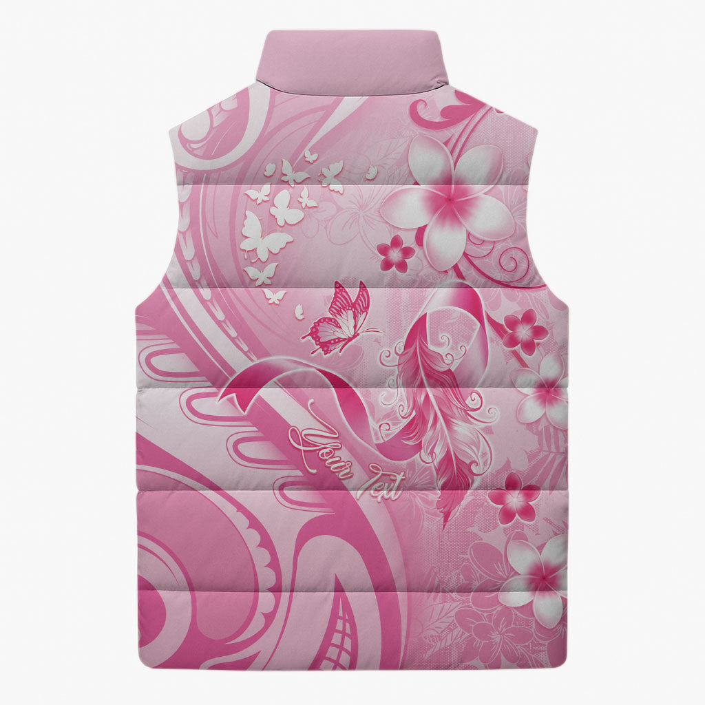 Personalised Memorial Pink Breast Cancer Support Sleeveless Puffer Jacket Plumeria Floral Tribal Pattern