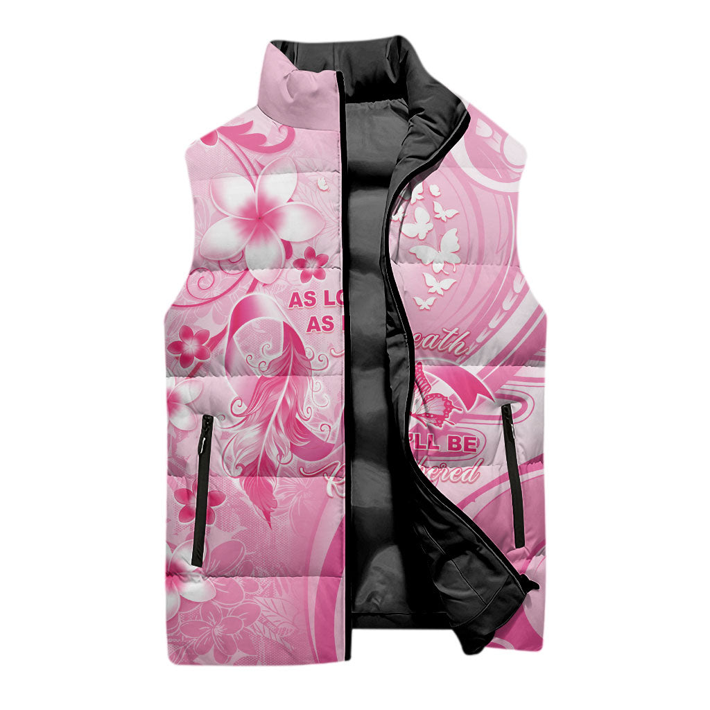 Personalised Memorial Pink Breast Cancer Support Sleeveless Puffer Jacket Plumeria Floral Tribal Pattern