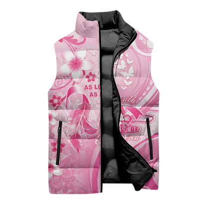 Personalised Memorial Pink Breast Cancer Support Sleeveless Puffer Jacket Plumeria Floral Tribal Pattern