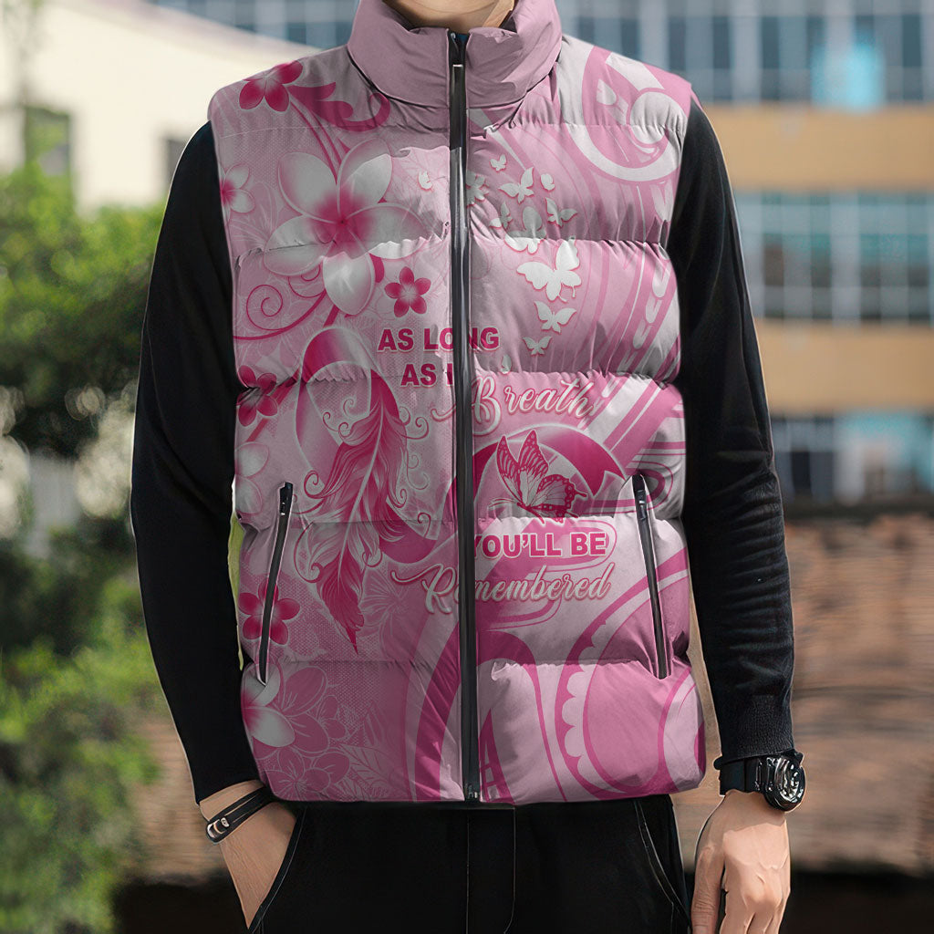 Personalised Memorial Pink Breast Cancer Support Sleeveless Puffer Jacket Plumeria Floral Tribal Pattern