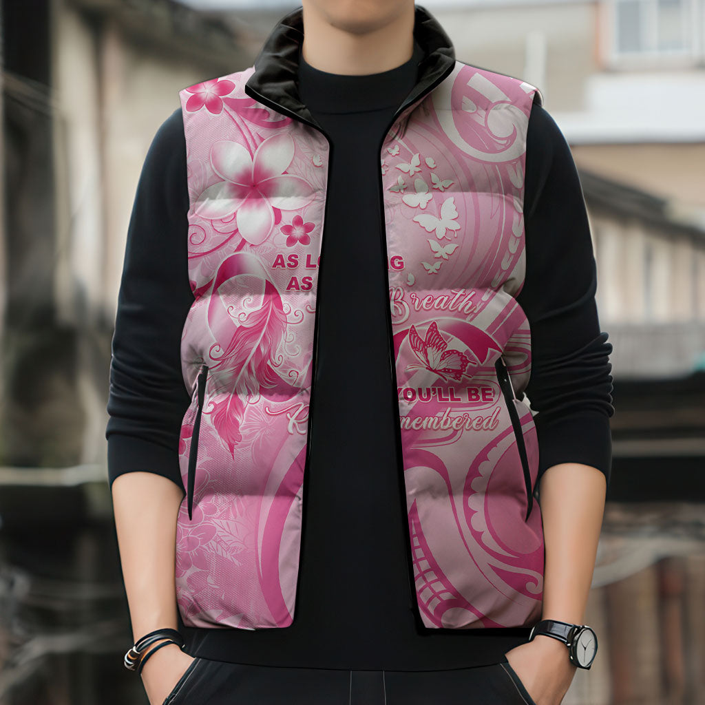 Personalised Memorial Pink Breast Cancer Support Sleeveless Puffer Jacket Plumeria Floral Tribal Pattern
