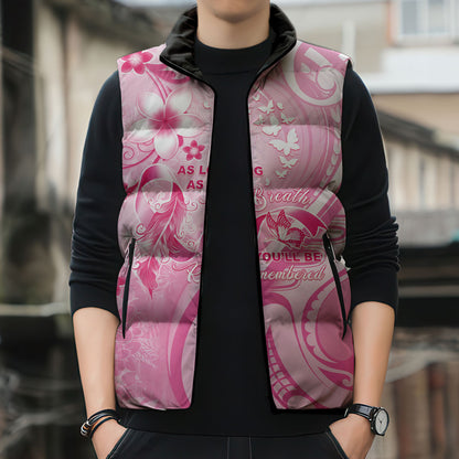 Personalised Memorial Pink Breast Cancer Support Sleeveless Puffer Jacket Plumeria Floral Tribal Pattern