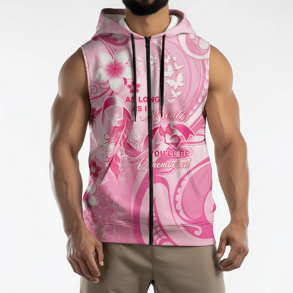 Personalised Memorial Pink Breast Cancer Support Sleeveless Zip Hoodie Plumeria Floral Tribal Pattern