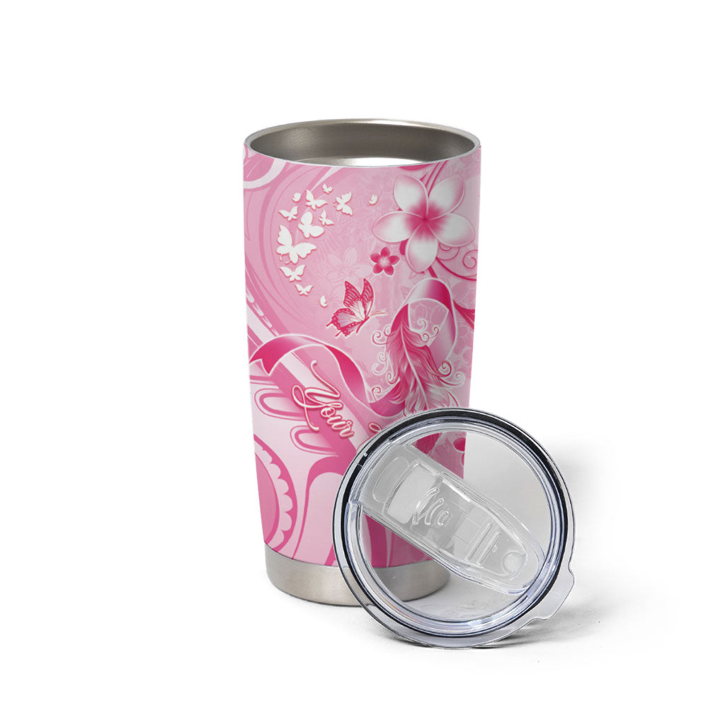 Personalised Memorial Pink Breast Cancer Support Tumbler Cup Plumeria Floral Tribal Pattern