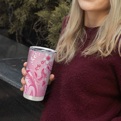 Personalised Memorial Pink Breast Cancer Support Tumbler Cup Plumeria Floral Tribal Pattern