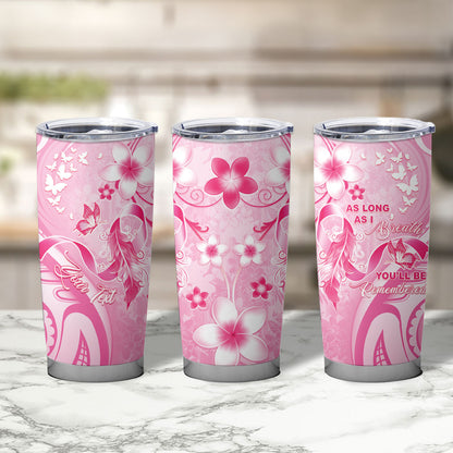 Personalised Memorial Pink Breast Cancer Support Tumbler Cup Plumeria Floral Tribal Pattern