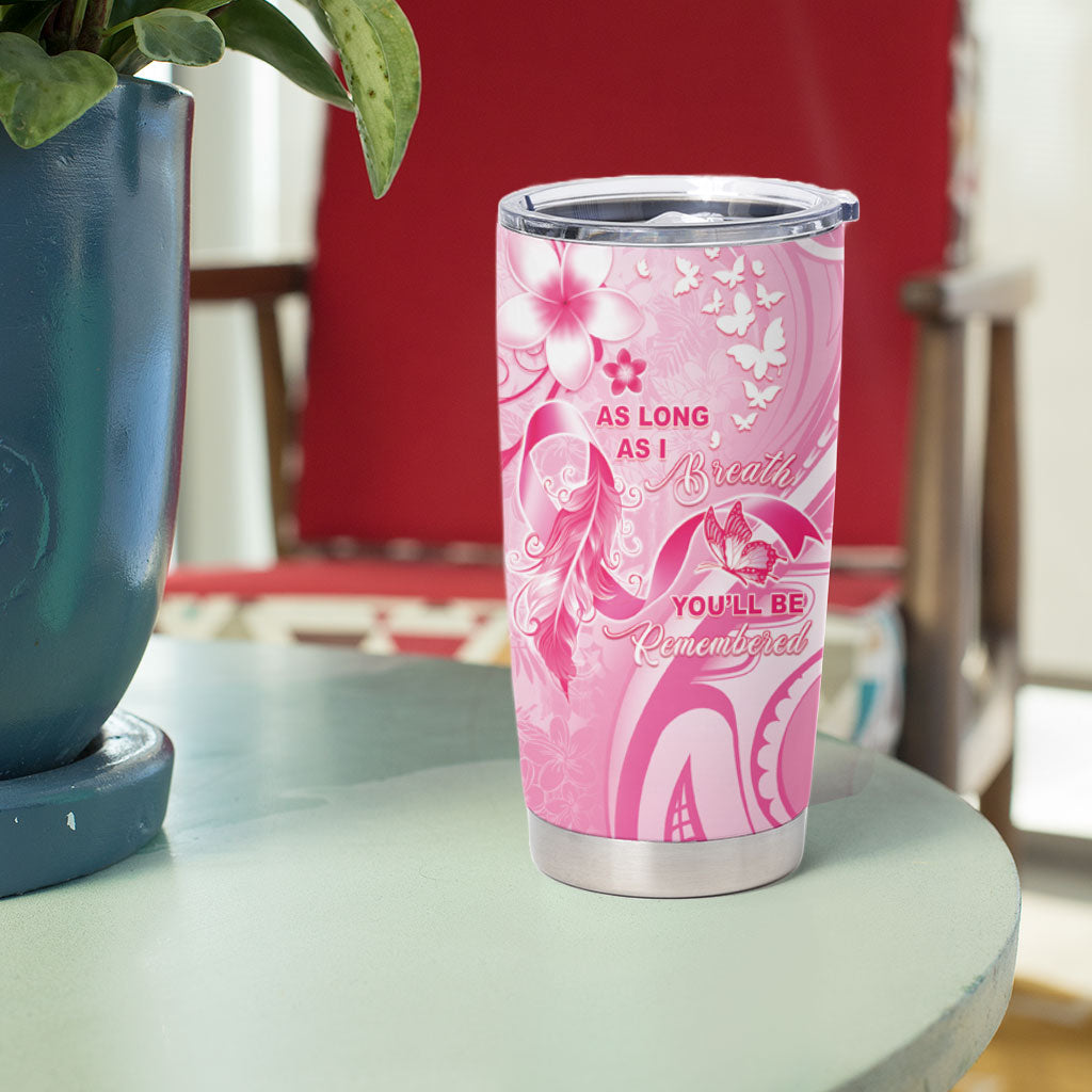 Personalised Memorial Pink Breast Cancer Support Tumbler Cup Plumeria Floral Tribal Pattern