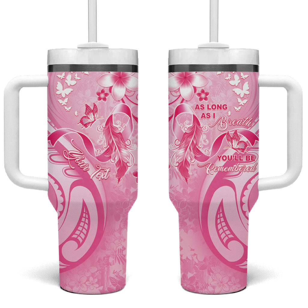 Personalised Memorial Pink Breast Cancer Support Tumbler With Handle Plumeria Floral Tribal Pattern
