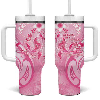 Personalised Memorial Pink Breast Cancer Support Tumbler With Handle Plumeria Floral Tribal Pattern