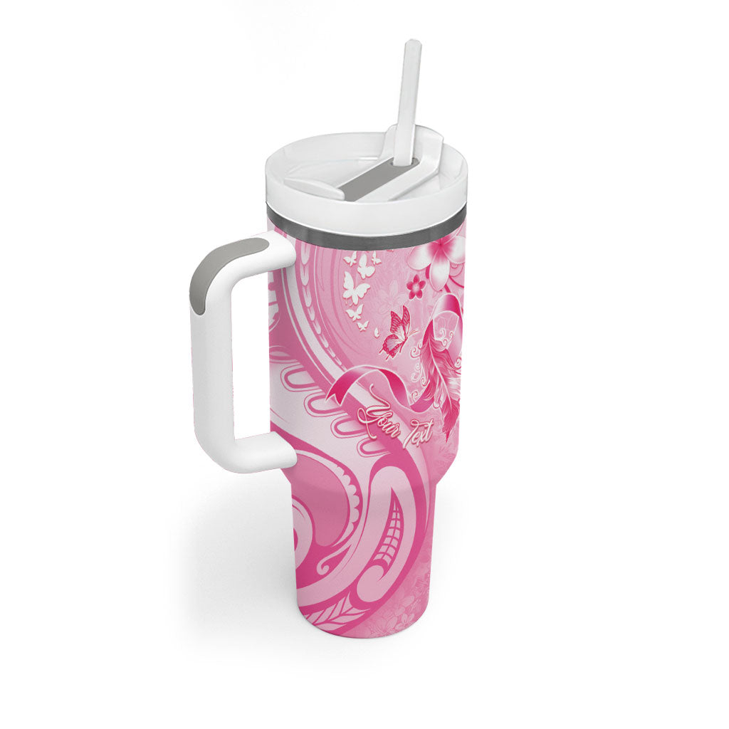 Personalised Memorial Pink Breast Cancer Support Tumbler With Handle Plumeria Floral Tribal Pattern
