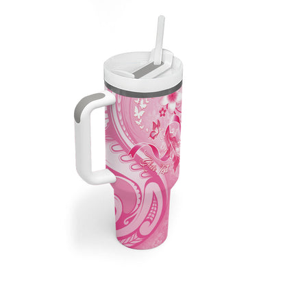 Personalised Memorial Pink Breast Cancer Support Tumbler With Handle Plumeria Floral Tribal Pattern