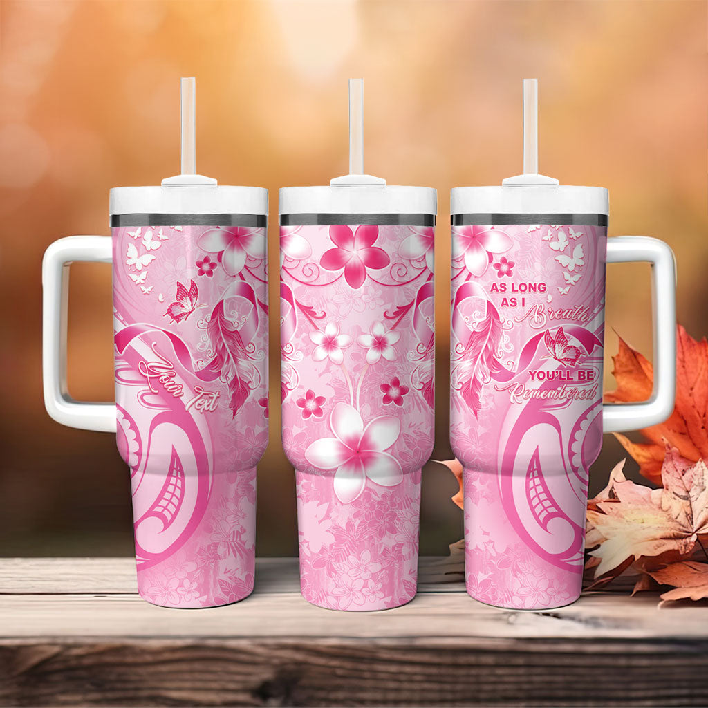 Personalised Memorial Pink Breast Cancer Support Tumbler With Handle Plumeria Floral Tribal Pattern