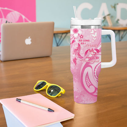 Personalised Memorial Pink Breast Cancer Support Tumbler With Handle Plumeria Floral Tribal Pattern