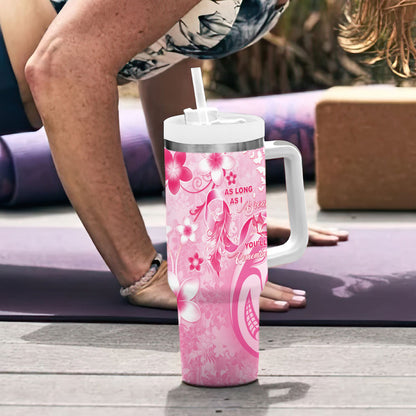 Personalised Memorial Pink Breast Cancer Support Tumbler With Handle Plumeria Floral Tribal Pattern