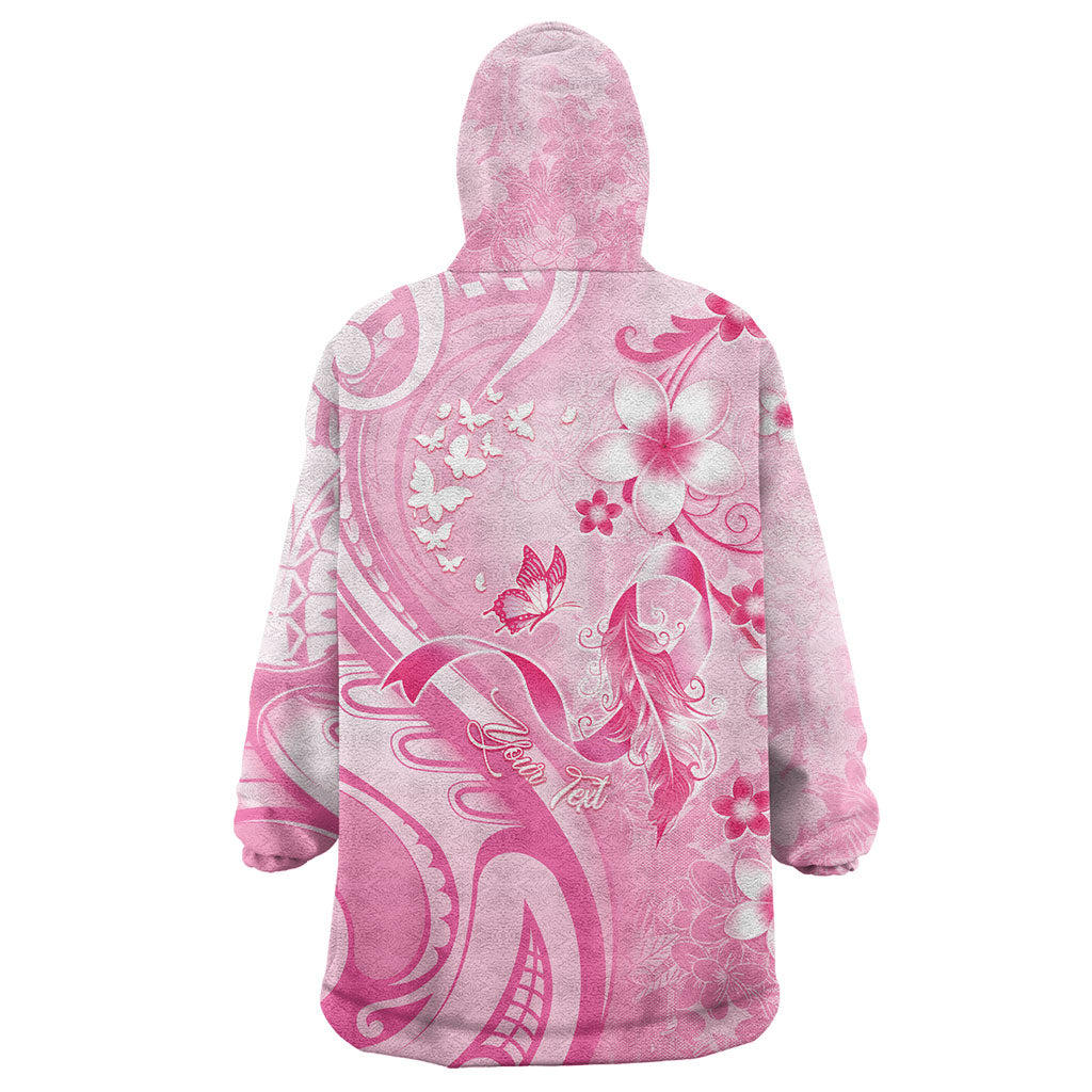 Personalised Memorial Pink Breast Cancer Support Wearable Blanket Hoodie Plumeria Floral Tribal Pattern