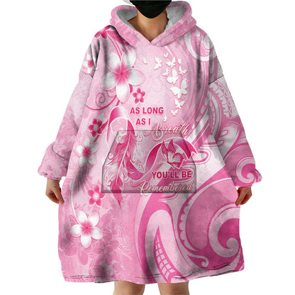 Personalised Memorial Pink Breast Cancer Support Wearable Blanket Hoodie Plumeria Floral Tribal Pattern