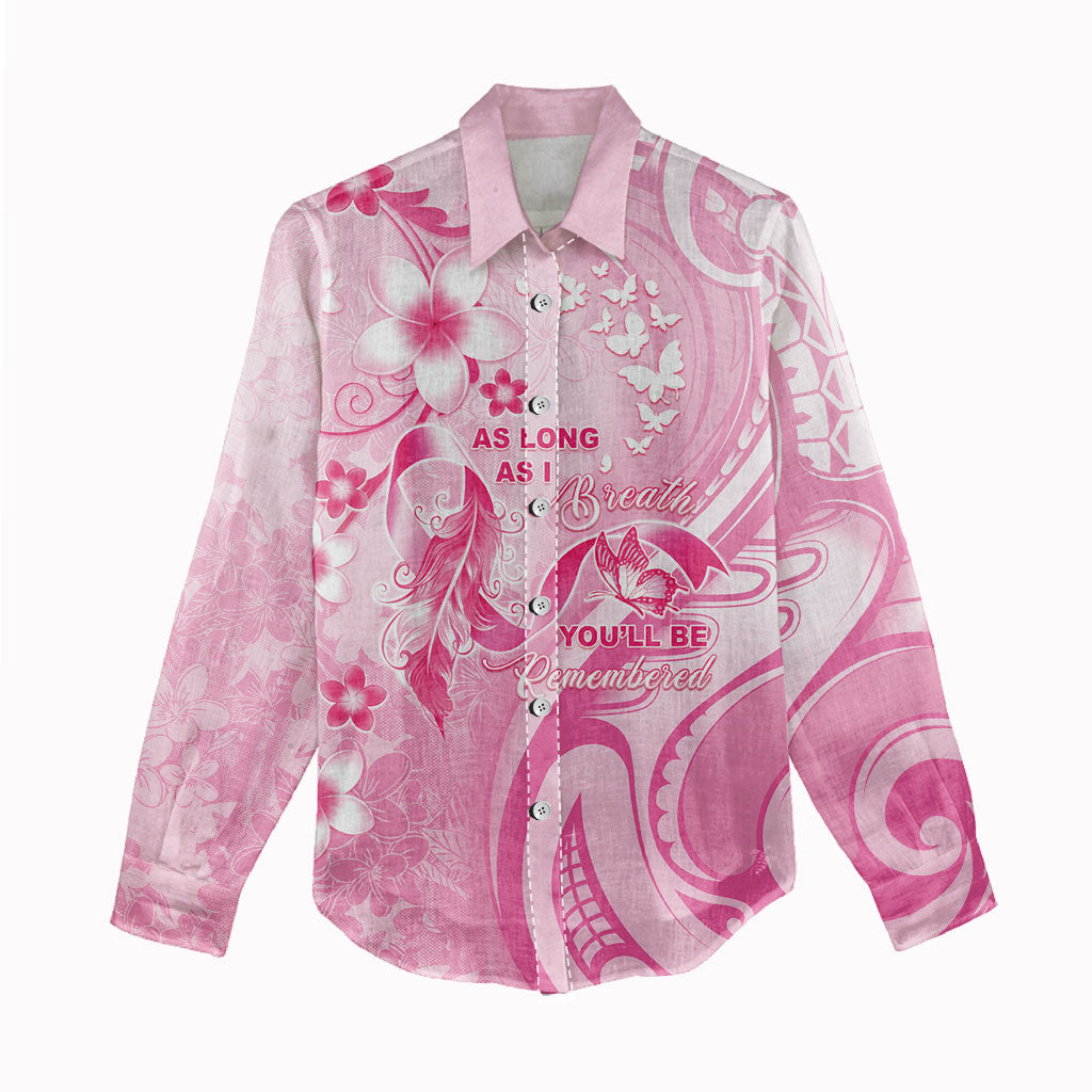 Personalised Memorial Pink Breast Cancer Support Women Casual Shirt Plumeria Floral Tribal Pattern