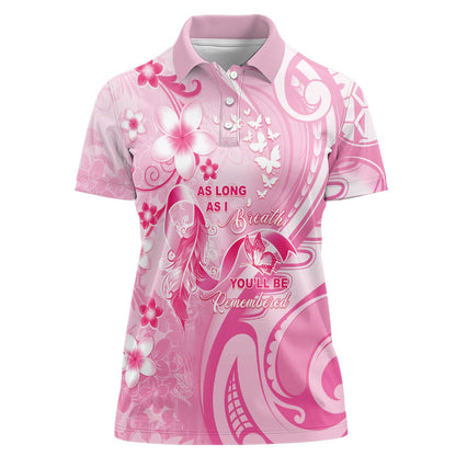 Personalised Memorial Pink Breast Cancer Support Women Polo Shirt Plumeria Floral Tribal Pattern