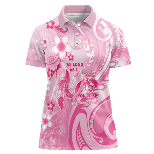 Personalised Memorial Pink Breast Cancer Support Women Polo Shirt Plumeria Floral Tribal Pattern
