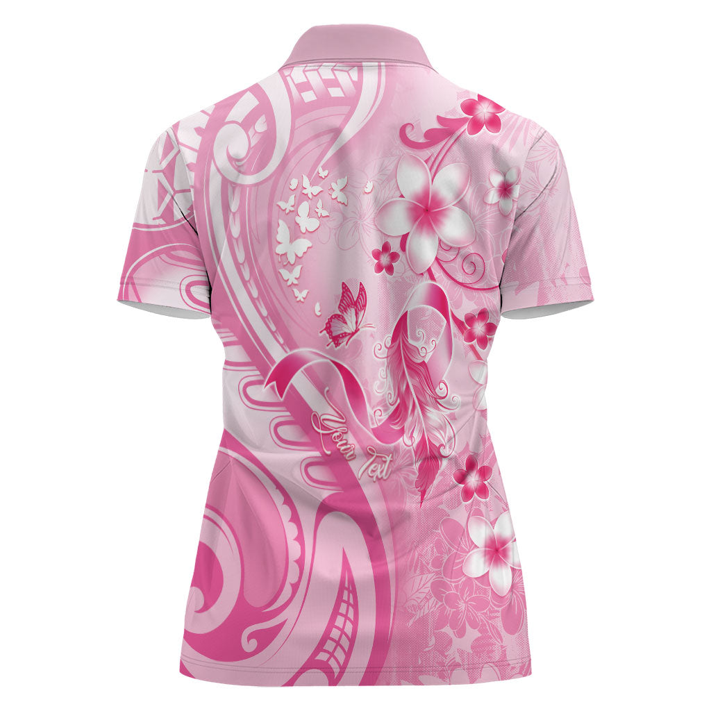 Personalised Memorial Pink Breast Cancer Support Women Polo Shirt Plumeria Floral Tribal Pattern