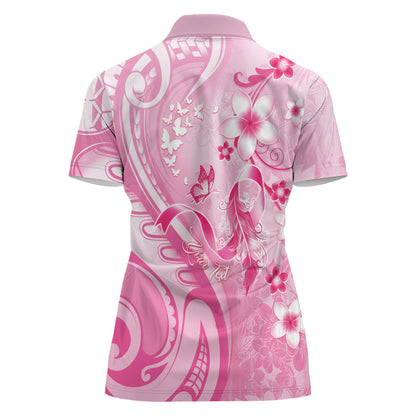Personalised Memorial Pink Breast Cancer Support Women Polo Shirt Plumeria Floral Tribal Pattern