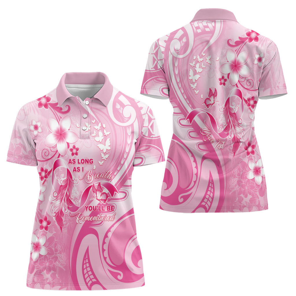 Personalised Memorial Pink Breast Cancer Support Women Polo Shirt Plumeria Floral Tribal Pattern