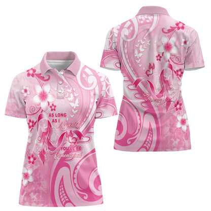 Personalised Memorial Pink Breast Cancer Support Women Polo Shirt Plumeria Floral Tribal Pattern