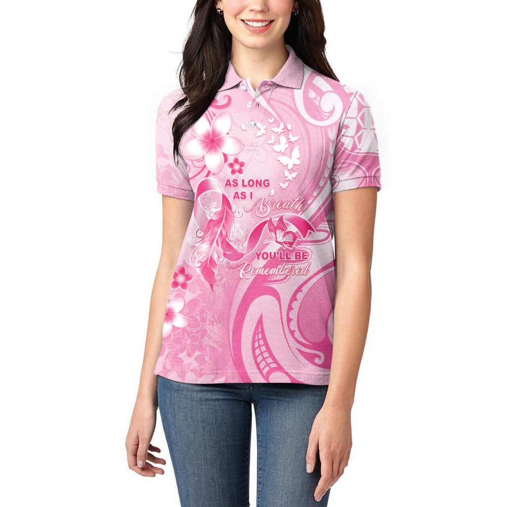 Personalised Memorial Pink Breast Cancer Support Women Polo Shirt Plumeria Floral Tribal Pattern