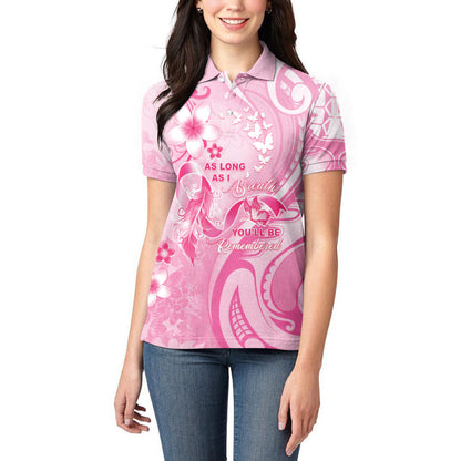 Personalised Memorial Pink Breast Cancer Support Women Polo Shirt Plumeria Floral Tribal Pattern