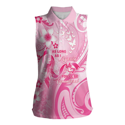 Personalised Memorial Pink Breast Cancer Support Women Sleeveless Polo Shirt Plumeria Floral Tribal Pattern