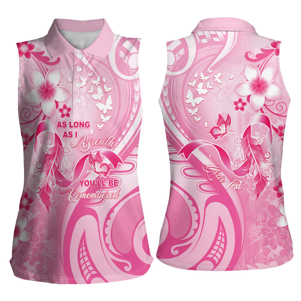 Personalised Memorial Pink Breast Cancer Support Women Sleeveless Polo Shirt Plumeria Floral Tribal Pattern