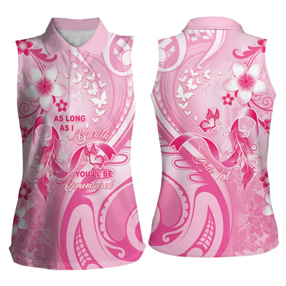 Personalised Memorial Pink Breast Cancer Support Women Sleeveless Polo Shirt Plumeria Floral Tribal Pattern