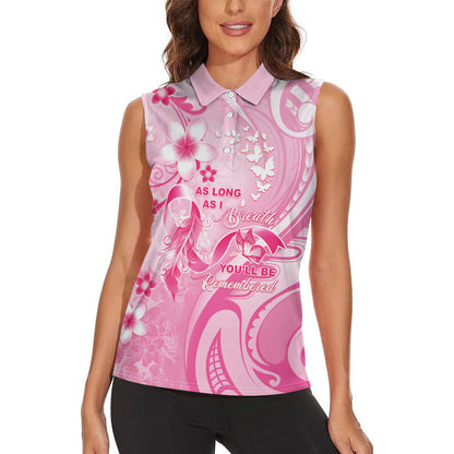 Personalised Memorial Pink Breast Cancer Support Women Sleeveless Polo Shirt Plumeria Floral Tribal Pattern