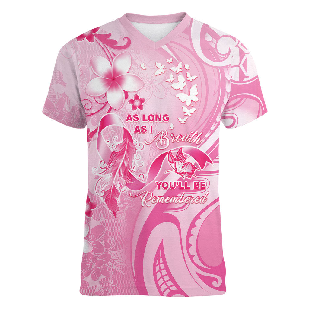 Personalised Memorial Pink Breast Cancer Support Women V-Neck T-Shirt Plumeria Floral Tribal Pattern