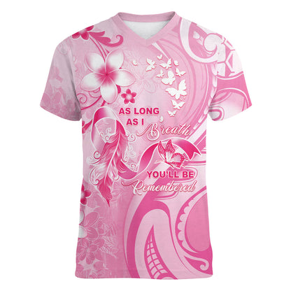 Personalised Memorial Pink Breast Cancer Support Women V-Neck T-Shirt Plumeria Floral Tribal Pattern