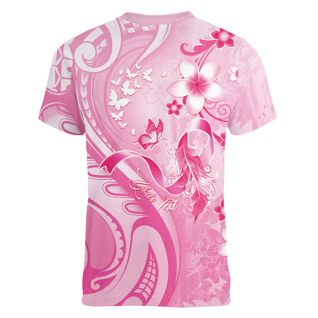 Personalised Memorial Pink Breast Cancer Support Women V-Neck T-Shirt Plumeria Floral Tribal Pattern