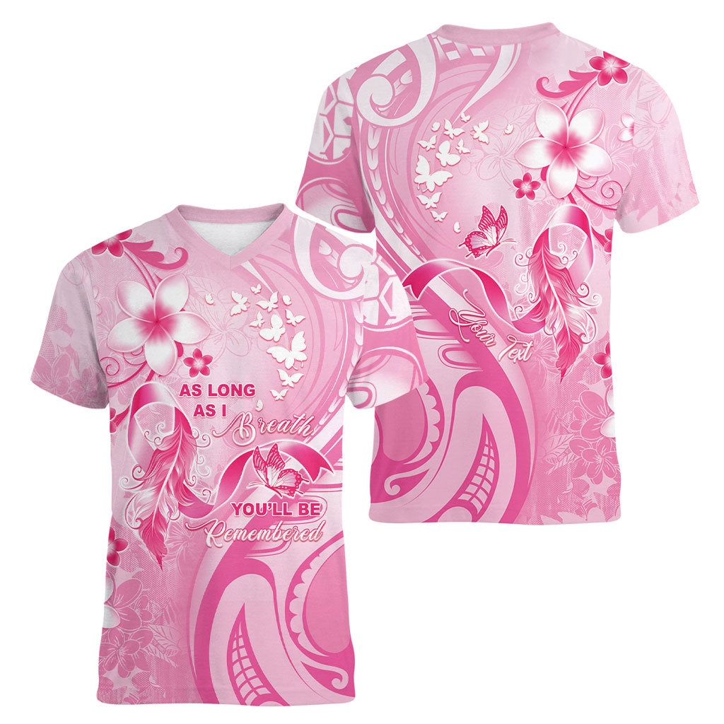 Personalised Memorial Pink Breast Cancer Support Women V-Neck T-Shirt Plumeria Floral Tribal Pattern