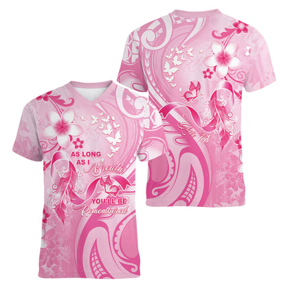 Personalised Memorial Pink Breast Cancer Support Women V-Neck T-Shirt Plumeria Floral Tribal Pattern