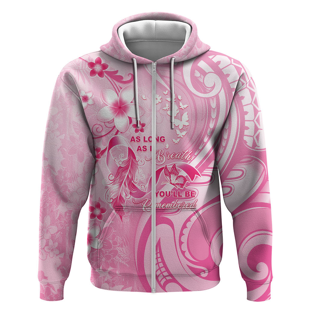 Personalised Memorial Pink Breast Cancer Support Zip Hoodie Plumeria Floral Tribal Pattern