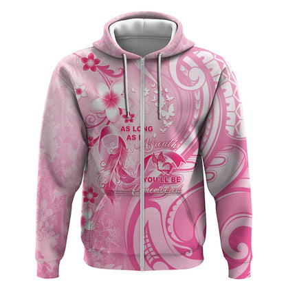 Personalised Memorial Pink Breast Cancer Support Zip Hoodie Plumeria Floral Tribal Pattern